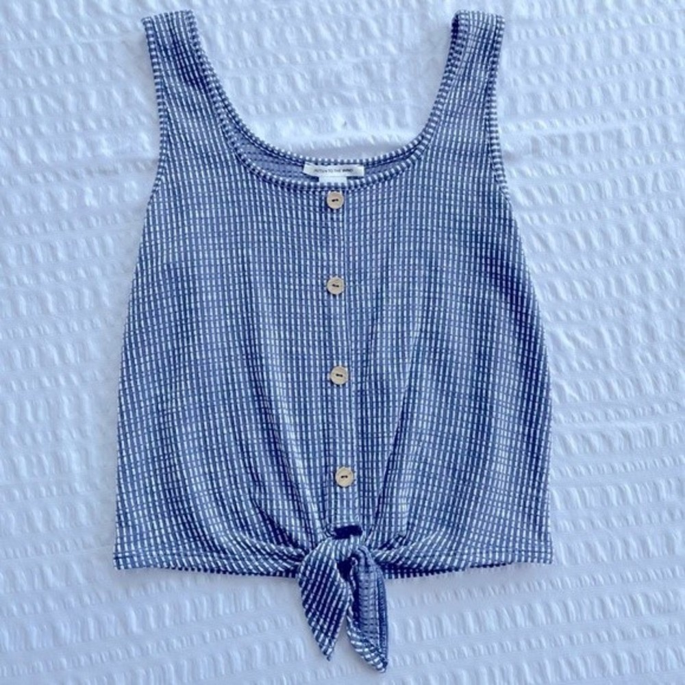 Blue and White Button Up Tank with Tie Front